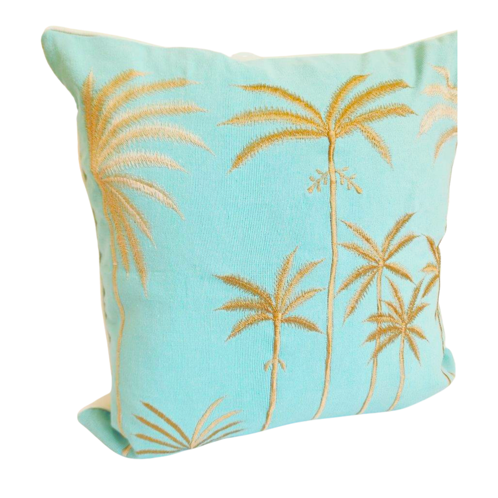 Blue Hawaii coastal boho blue cushion cover 50x50cm with gold palm tree embroidery on a turquoise background