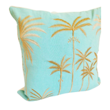 Blue Hawaii coastal boho blue cushion cover 50x50cm with gold palm tree embroidery on a turquoise background