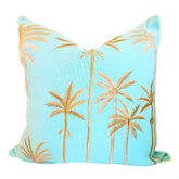 Blue Hawaii coastal boho blue cushion cover 50x50cm with gold palm tree embroidery on a turquoise background