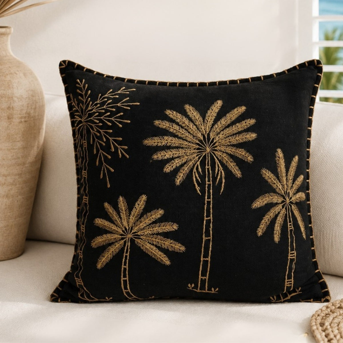 Noir Palms Lumbar Cushion Cover | Black & Gold | 50x50cm