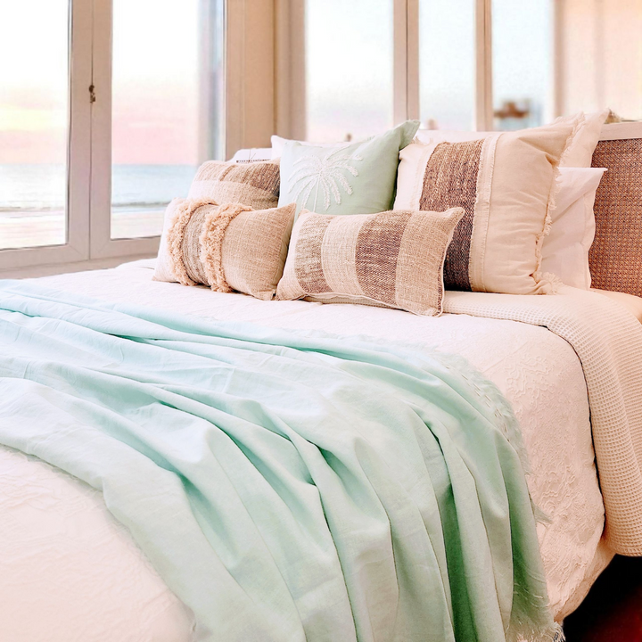 Nusa Luxe Aqua Throw | Linen Cotton | Fringe | 2.2m x 1.3m