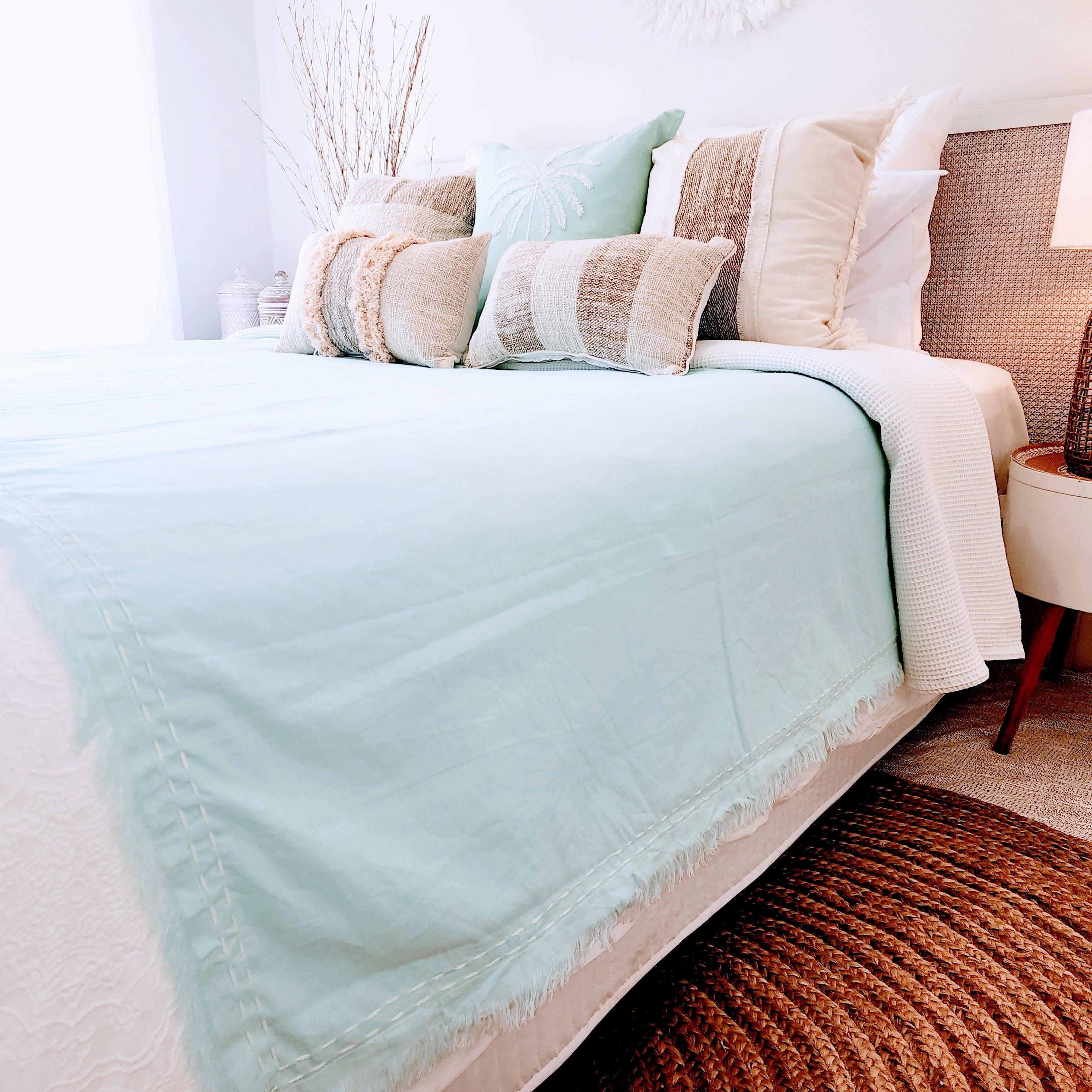 Nusa Luxe Aqua Throw | Linen Cotton | Fringe | 2.2m x 1.3m
