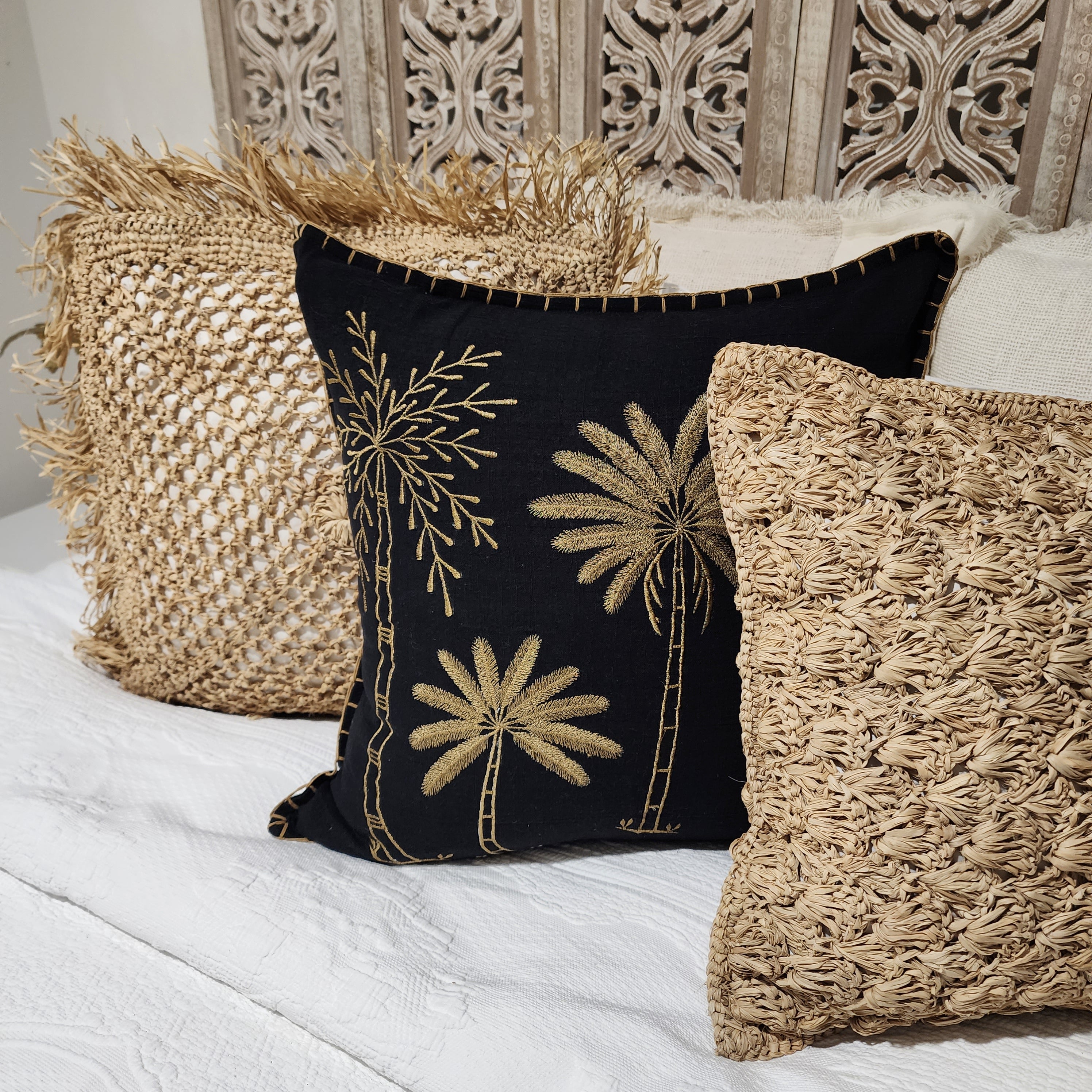 Noir Palms Lumbar Cushion Cover | Black & Gold | 50x50cm