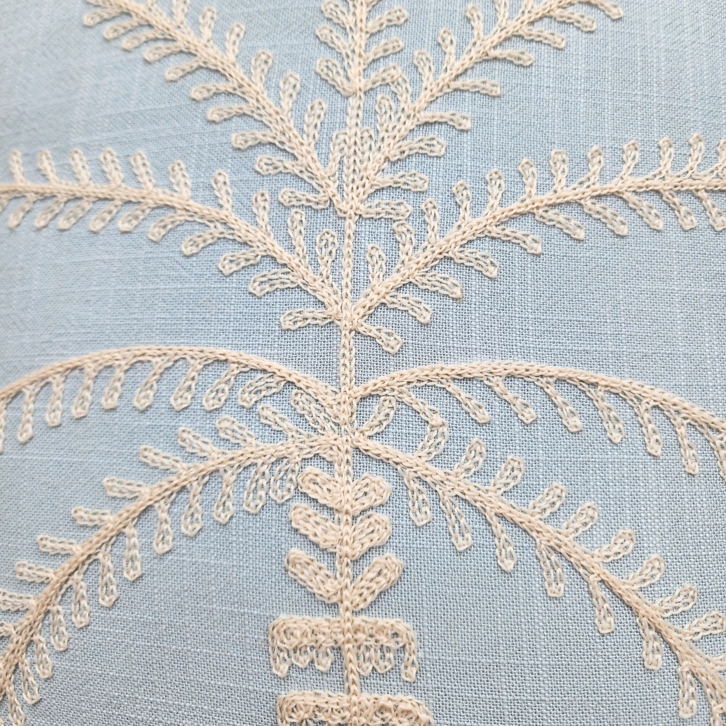 Close-up of intricate lace pattern on a light blue fabric background