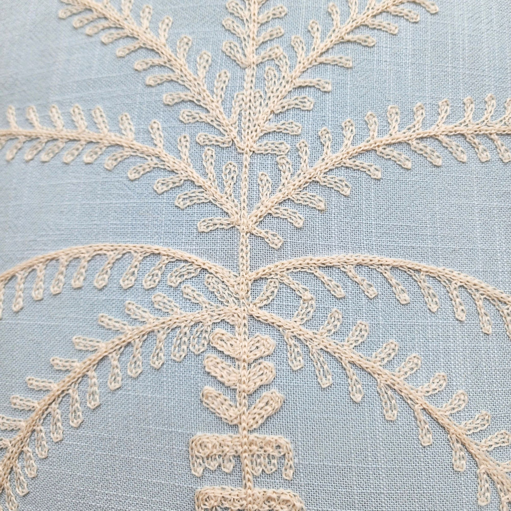 Close-up of intricate lace pattern on a light blue fabric background
