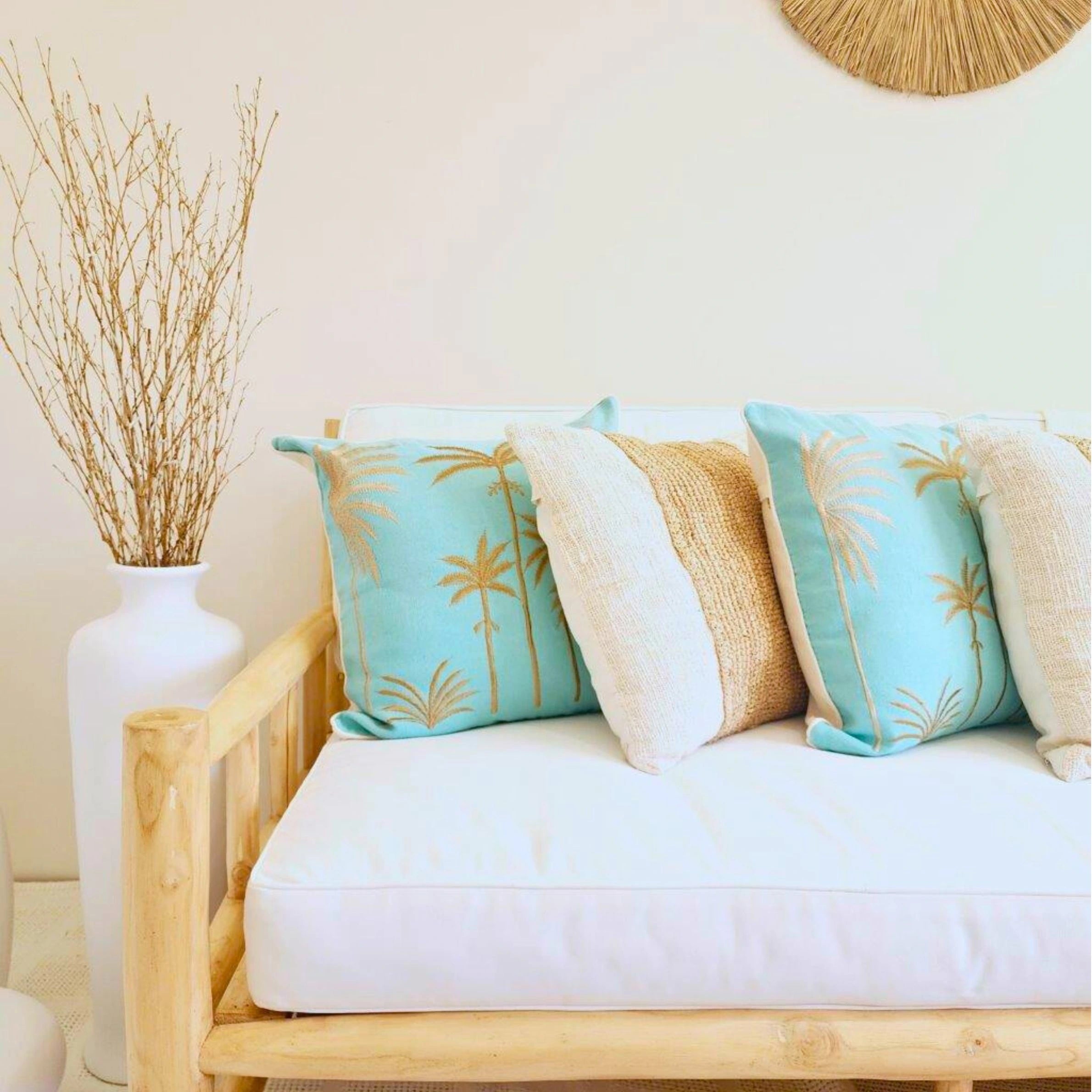 Blue Hawaii coastal boho blue cushion cover 50x50cm with gold palm tree embroidery on a turquoise background